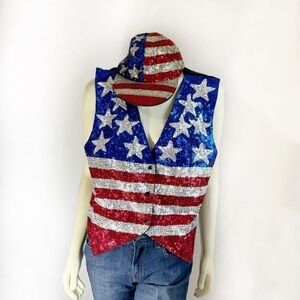 Vintage Bali Chic Western Sequin Vest & hat American Flag